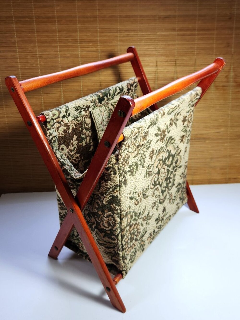 Vintage Mid Century Folding Wooden Magazine Rack Floral Tapestry Knitting Caddy